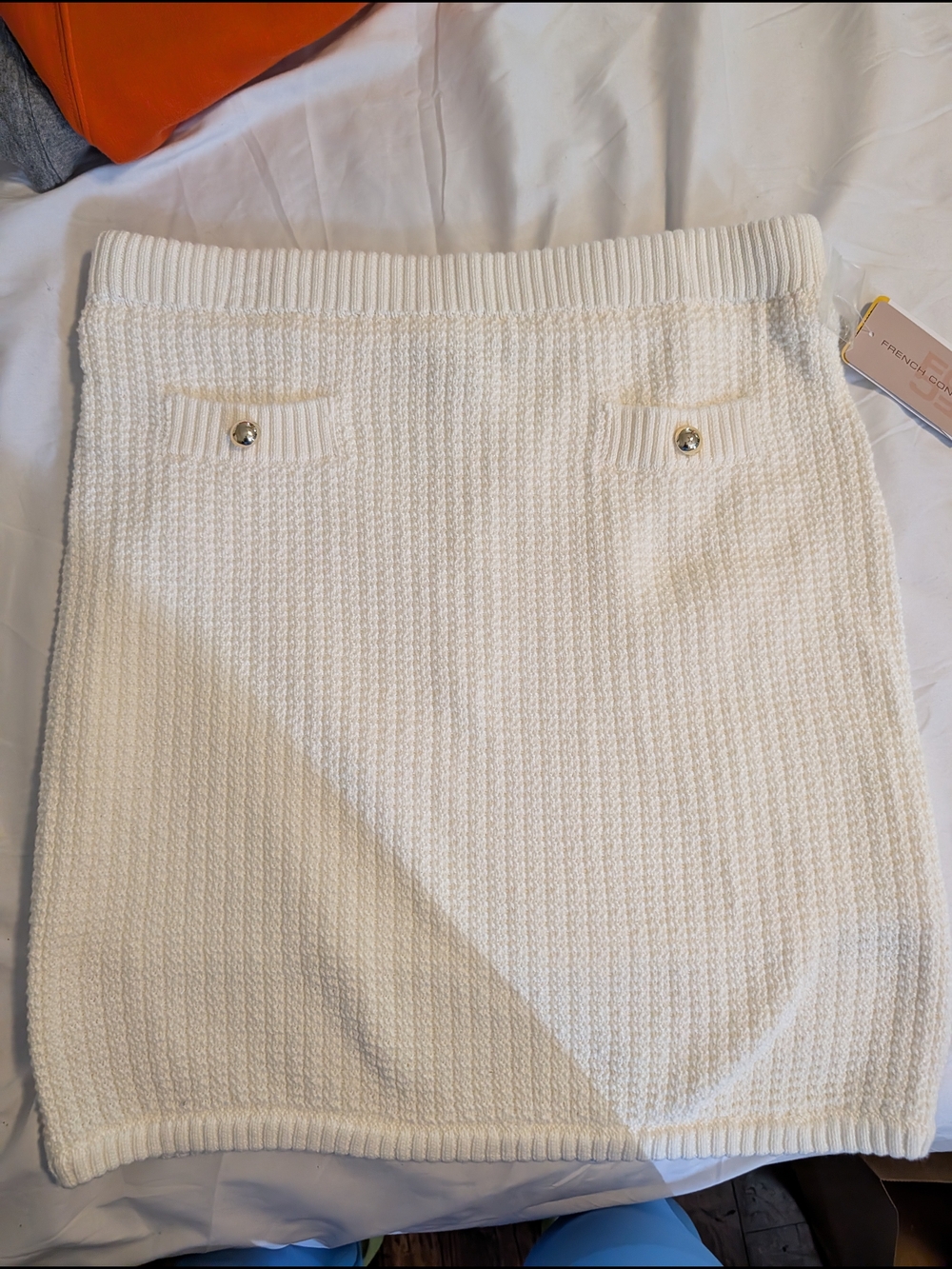 French Connection Cream Ribbed Knit Pencil Skirt with Gold-Tone Buttons